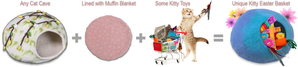 Any Cat Cave lined with a Muffin Blanket, sprinkled with Kitty Toys, makes a unique Kitty Easter Basket.